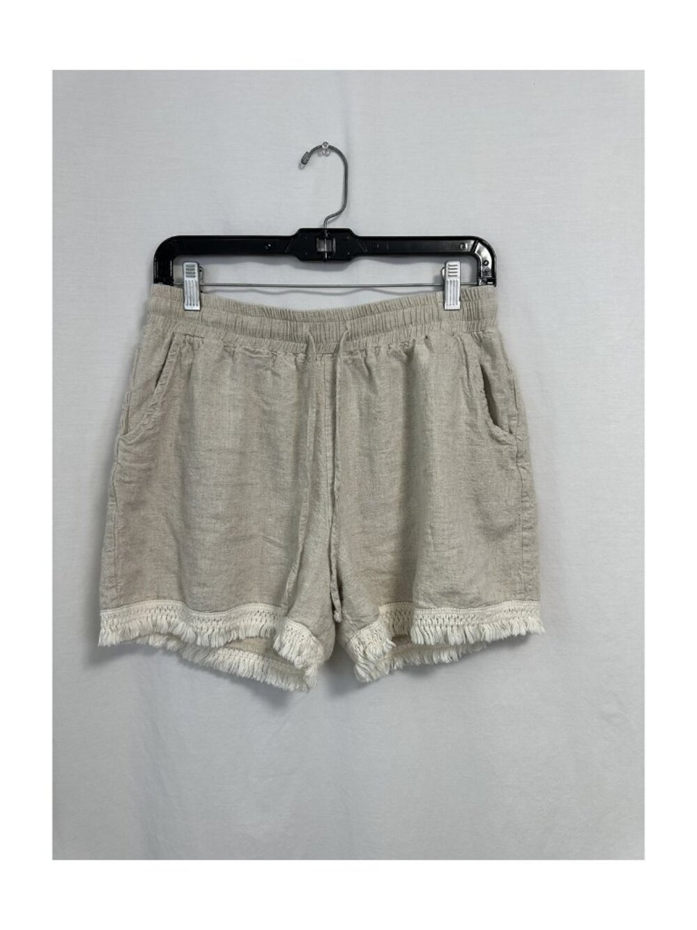 Breezy Beige Faux Linen Fringe Hem Shorts - Medium Fit
